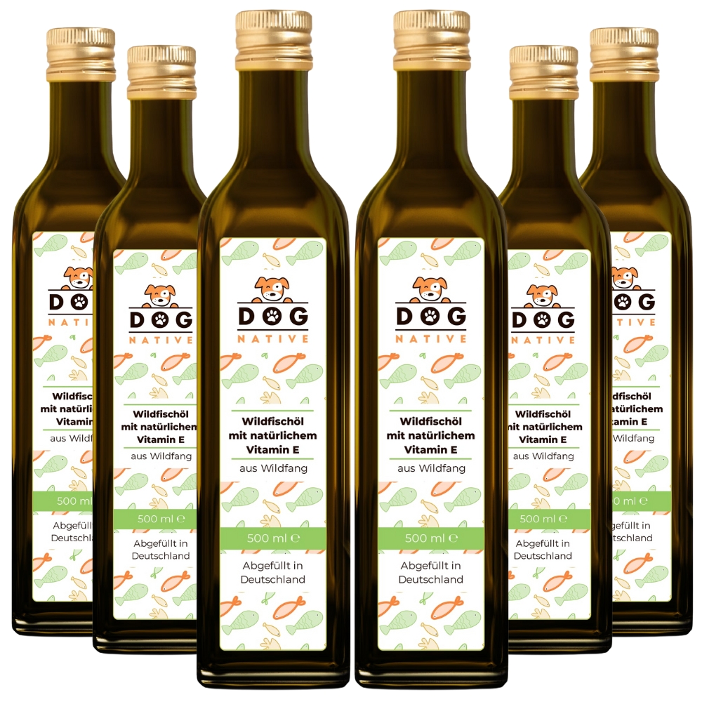 Dog-Native Wildfischöl für Hunde, Omega-3 Öl, Fischöl aus Wildfang, Barf Öl mit Vitamin E, Lachsöl Alternative, mit EPA & DHA, Juckreiz, Fell 6x 500ml
